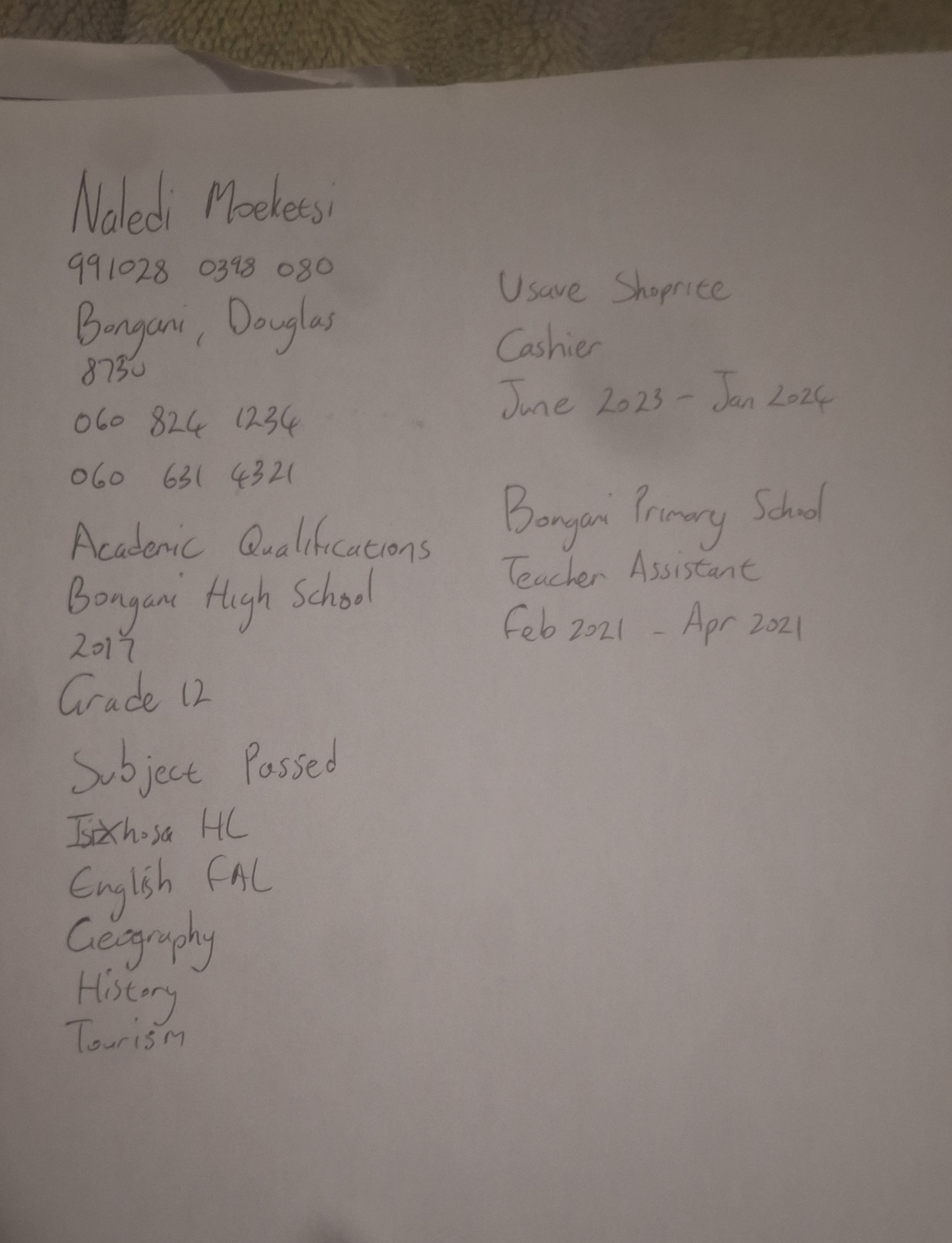Handwritten CV Details